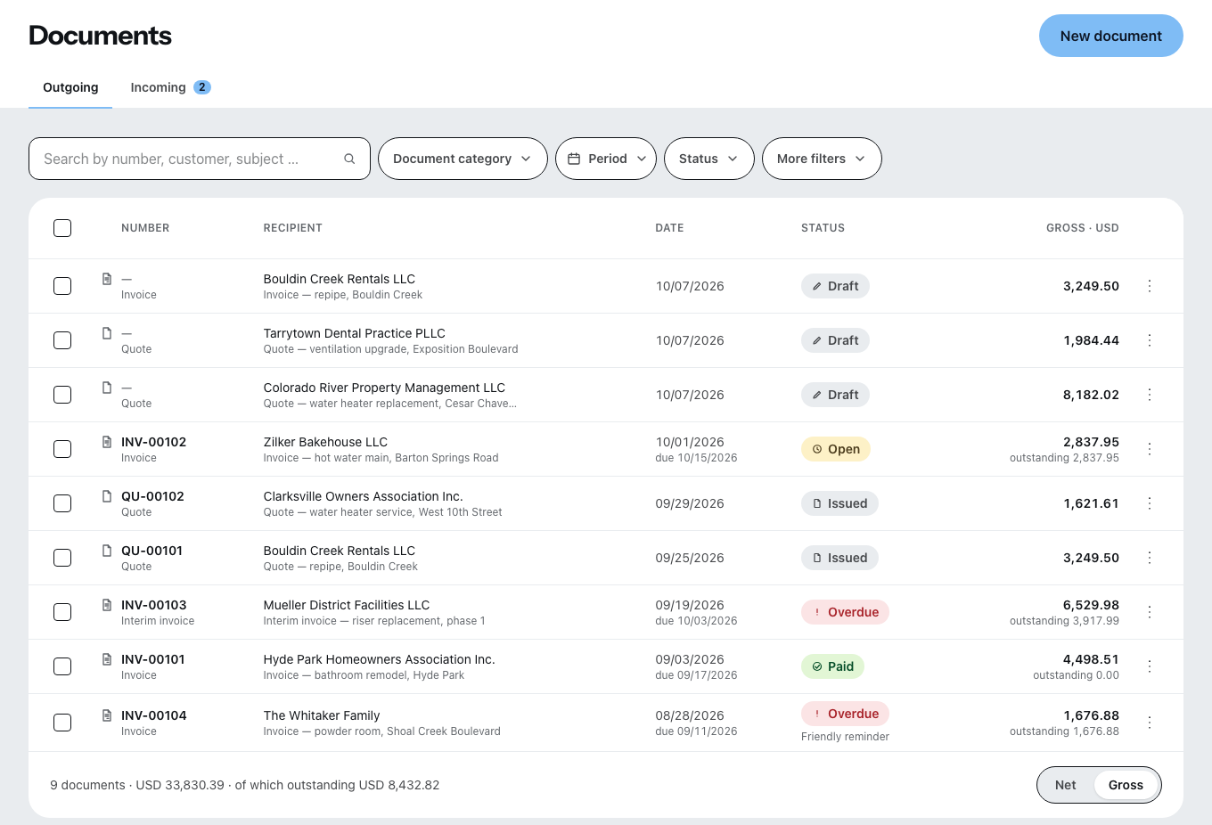 The document list in the office: quotes and invoices with recipient, date, amount and status, with filters for document type, period and status above them.